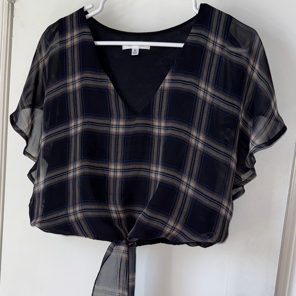 Chic V-Neck Plaid Tie-Front Blouse